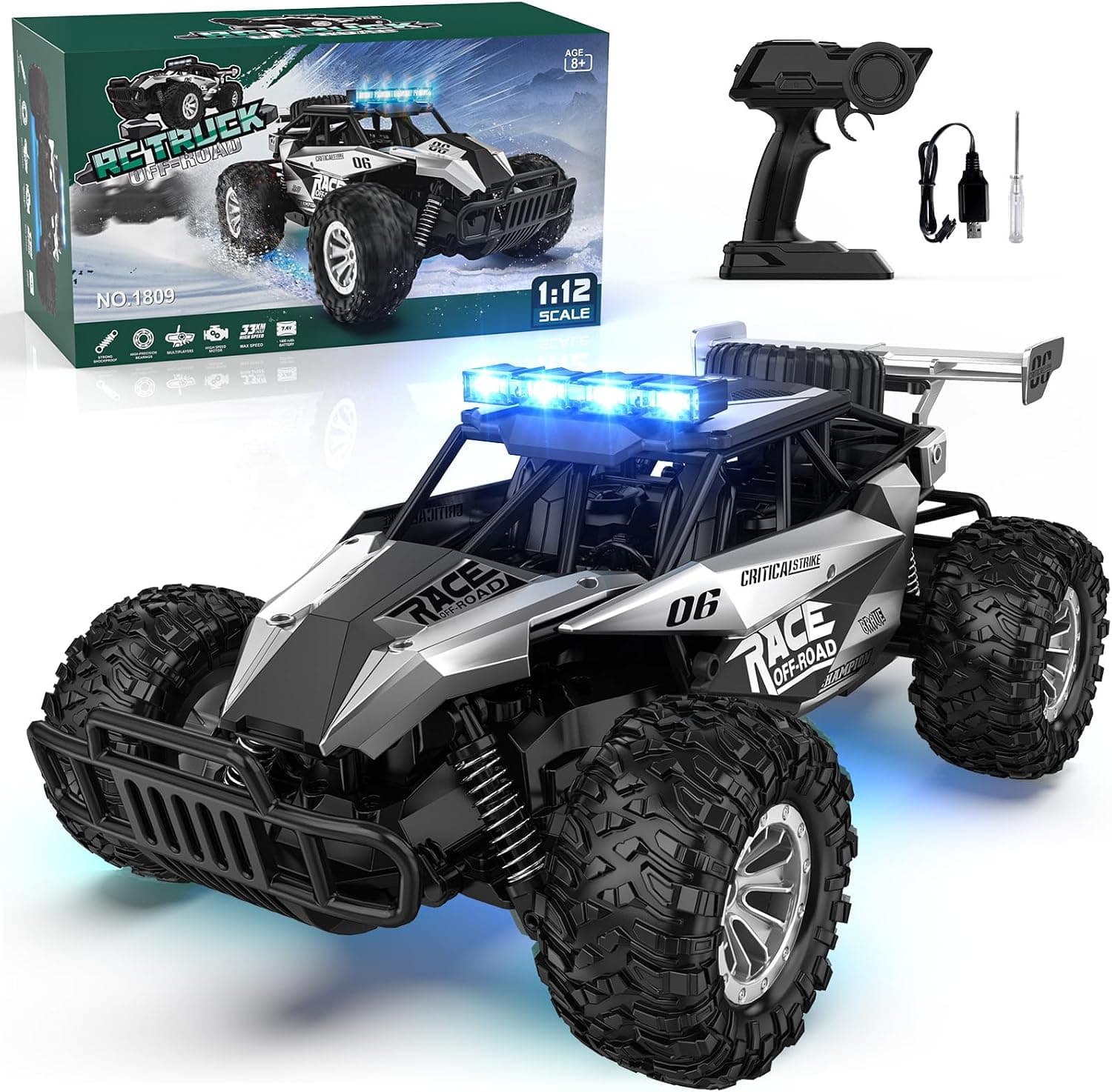 BLUEJAY Coche de control remoto, 2,4 GHz de alta velocidad 33 KM/H RC coches juguetes, 1:12 Monster RC Truck Off Road con faro LED y batería recargable regalos para adultos niños 8-12