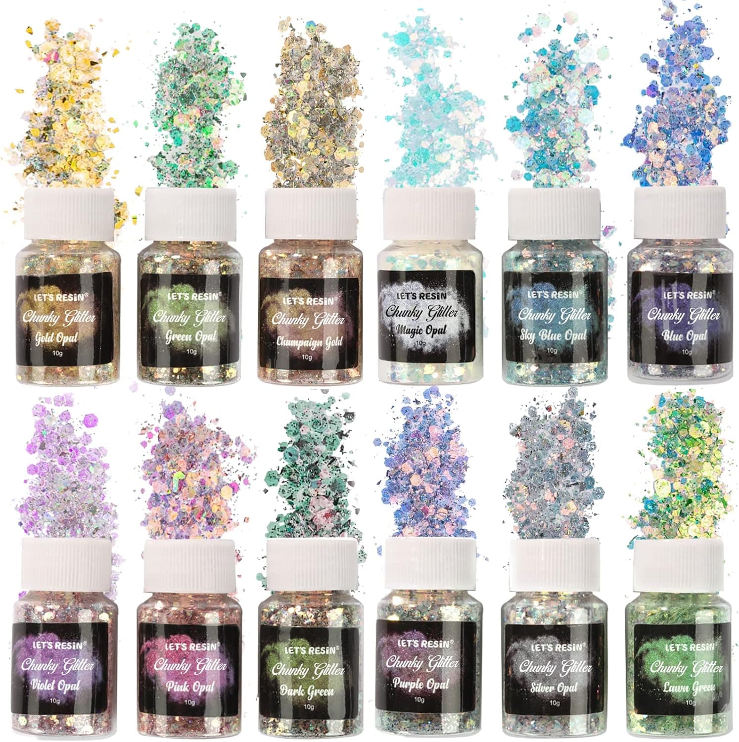 LET'S RESIN Purpurina gruesa de ópalo para resina, 12 x 10 g de purpurina en polvo para manualidades