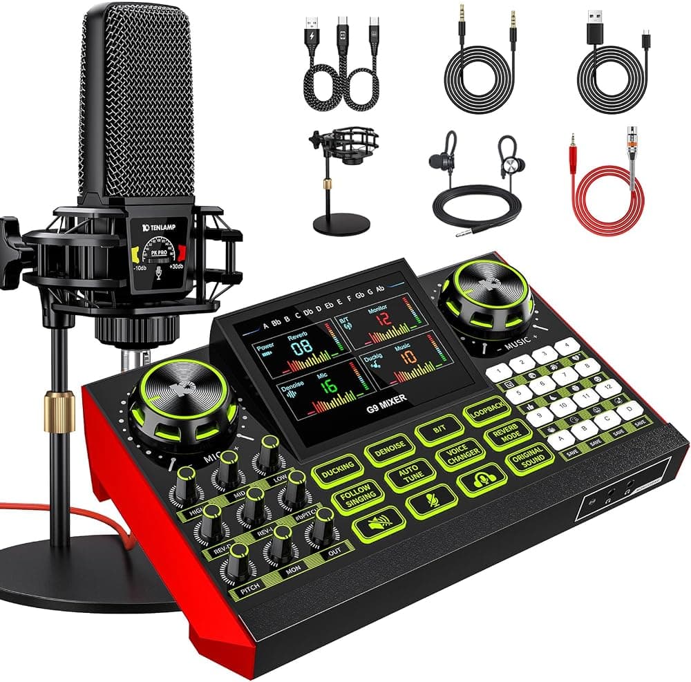 Paquete de equipo de podcast con tarjeta de sonido mezclador de audio y micrófono de podcast, compatible con PC y teléfonos móviles para transmisión en vivo, canto, grabación y creación de contenido