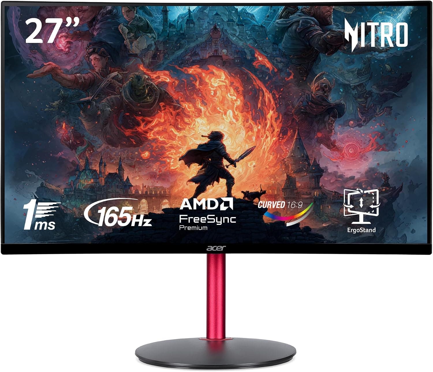 Monitor de juegos para PC acer Nitro 27" Full HD 1920 x 1080 1500R Curve | AMD FreeSync Premium | Actualización de 165 Hz | 1 ms (VRB) | Diseño ZeroFrame | 1 puerto de pantalla 1.4 y 2 puertos HDMI 2.0 ED270R Mbmiiphx