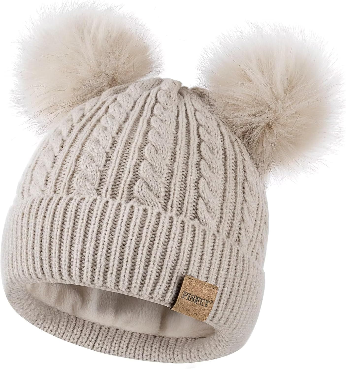 FISFET Gorros Mujer con Doble Pompón, Gorros de Invierno para Mujer, Clima frío, Forro Polar de Punto cálido, Gorro Lindo