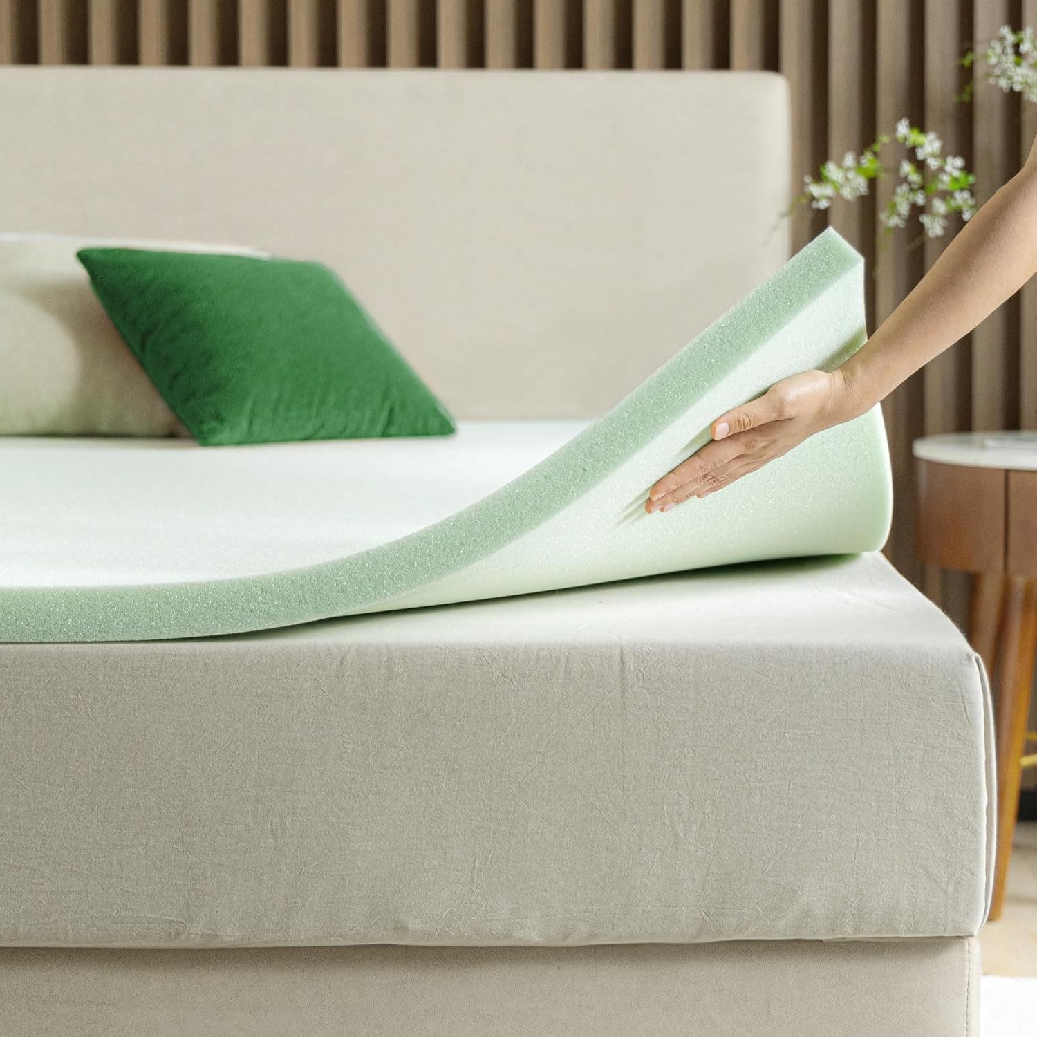 ZINUS Cubrecolchón de espuma viscoelástica de té verde de 2 pulgadas, ropa de cama para dormitorio, capa para aliviar la presión, ideal para aliviar el dolor de espalda, embalaje compacto WONDERBOX, certificado CertiPUR-US, doble