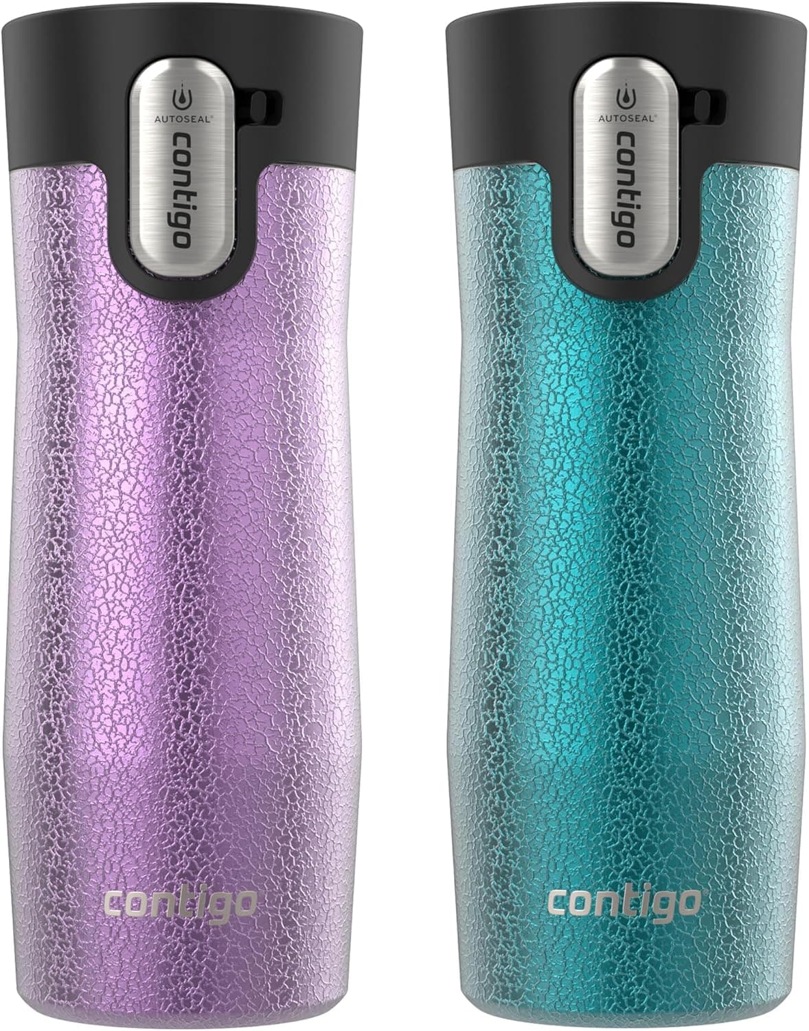 Taza de viaje de acero inoxidable con aislamiento al vacío Contigo® AUTOSEAL® West Loop con tapa fácil de limpiar, 16 oz, paquete de 2, Crystal Pansy; Enebro de cristal