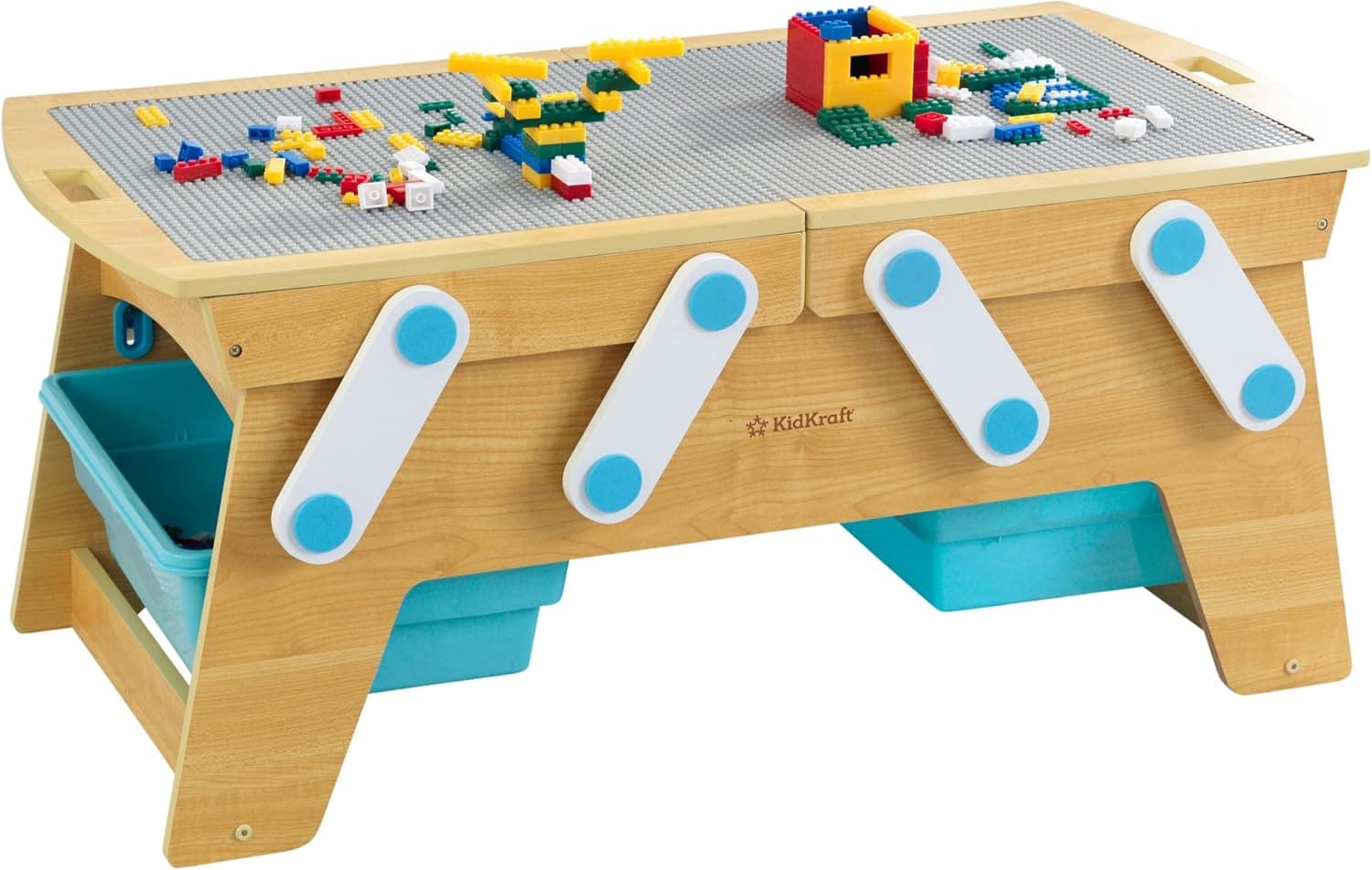 KidKraft Building Bricks Play N Store Mesa de madera con más de 200 ladrillos, 3 contenedores | Mesa de actividades expandible, abrir y cerrar, dos áreas de ladrillos separadas, natural, para mayores de 3 años