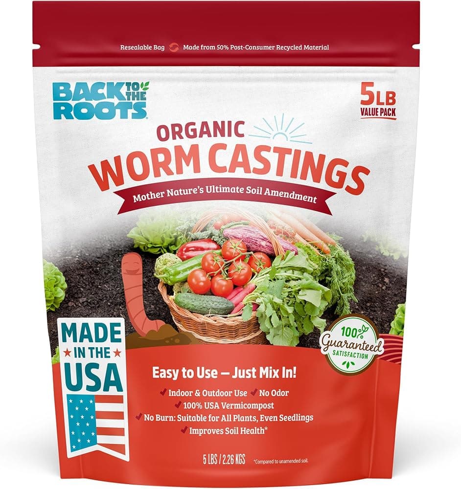 Back to the Roots Organic Worm Castings for Plants, Natural Fertilizer and Soil Enhancer for Gardening, Made in the USA, 5lb
