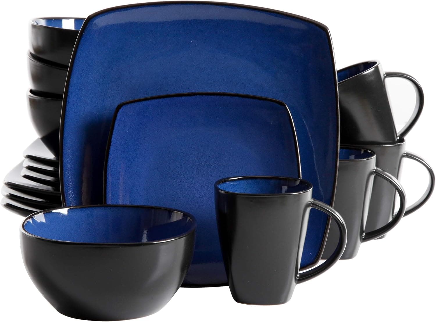 Gibson Elite Soho Lounge Square Reactive Glaze - Vajilla de gres, servicio para 4 (16 piezas), zafiro