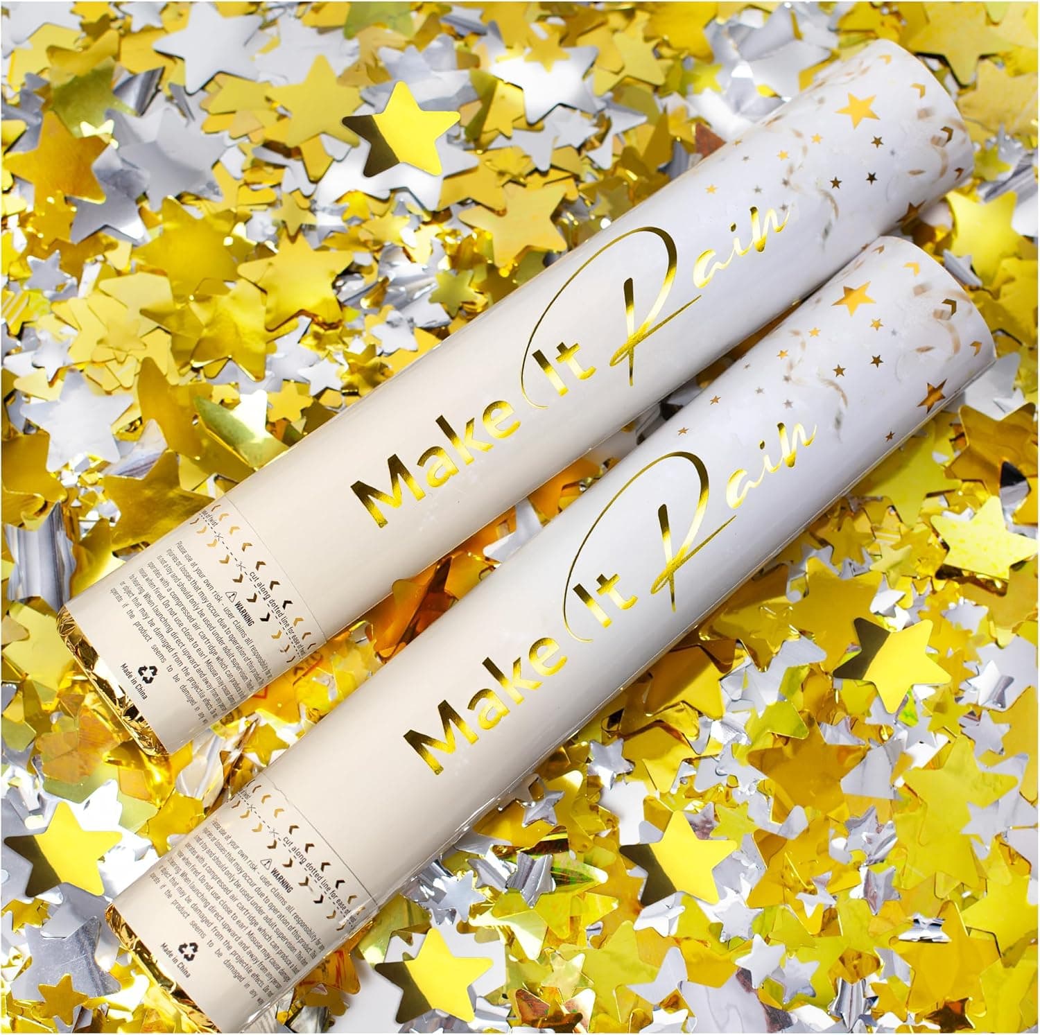 PrimePure Confetti Cannon Party Poppers, estrellas doradas metálicas, paquete de 2 | Estrellas doradas con confeti plateado de lámina Mylar, cañón de fiesta para cumpleaños y celebraciones, fácil limpieza, fácil de girar