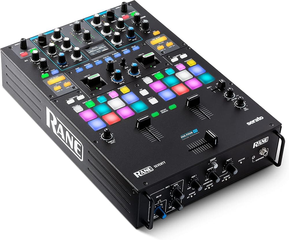 RANE DJ SEVENTY – Mezclador de DJ de dos canales para Serato DJ con pads de rendimiento Akai Professional MPC DJ FX internos y tres atenuadores MAG FOUR sin contacto