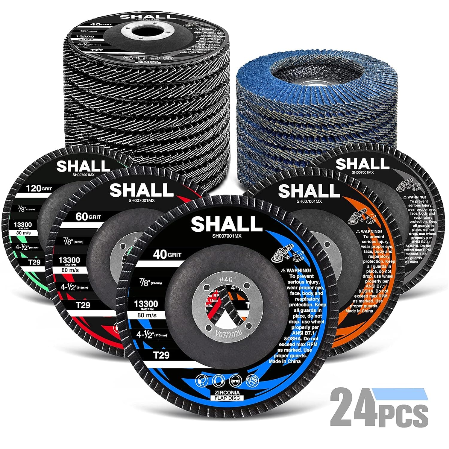 SHALL Paquete de 24 discos de aleta, 4-1/2" x 7/8", rueda de molienda de circonita de grano 40/60/80/120 T29 y grano 40 T27, disco de lijado abrasivo para amoladora angular con indicación de número de grano grabado, 80 piezas de tela de esmeril por disco