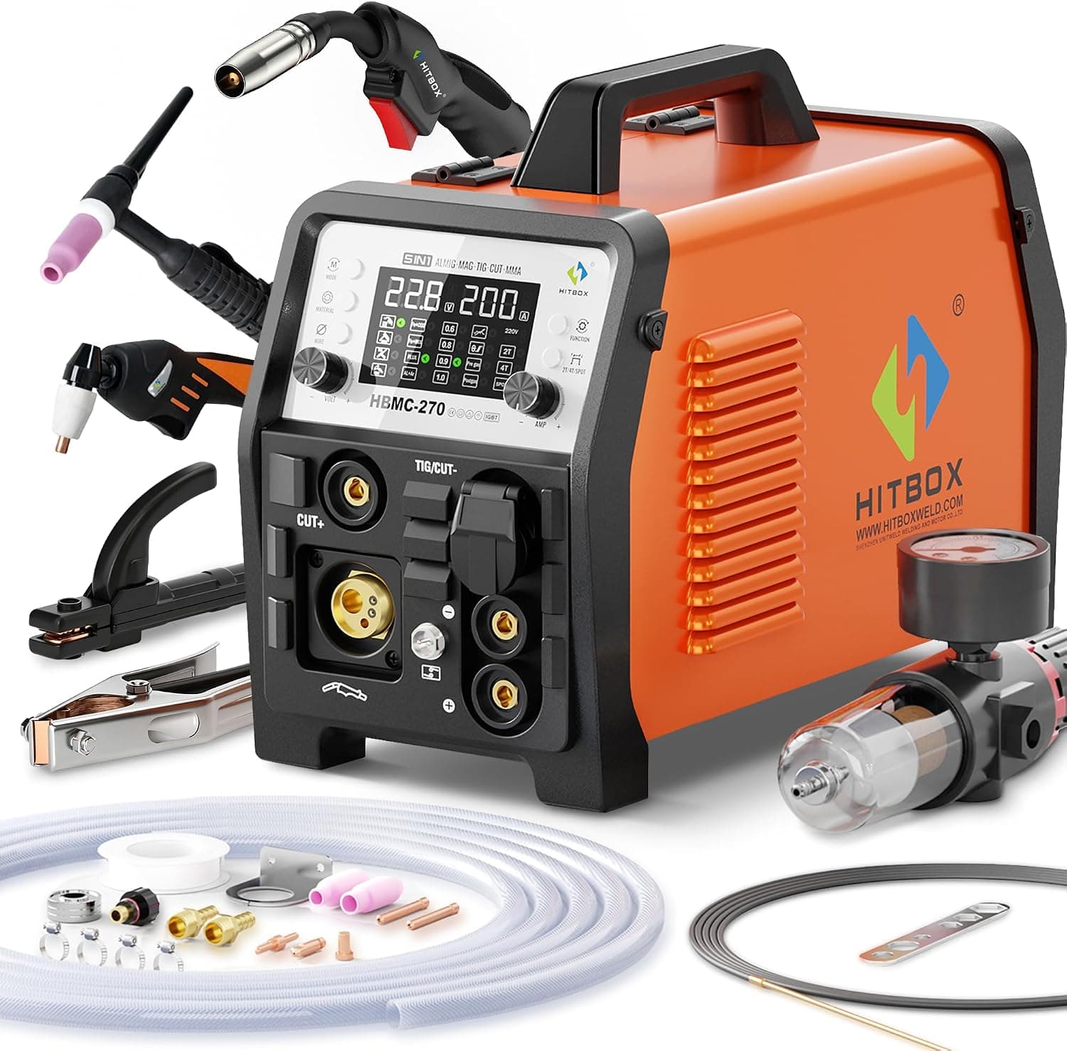 HITBOX Multifunctional Welder Plasma Cutter Combo, 200A 220V Aluminum Pulse MIG/Gas/Flux Core MIG/HF TIG/ 40A Plasma Cutter/Stick/Spot with 2T/4T, Synergy, Large Digital Display