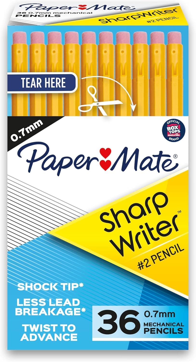 Lápices mecánicos Paper Mate SharpWriter, mina de lápiz #2 de 0,7 mm, amarillo, 36 unidades - Suministros para el regreso a clases