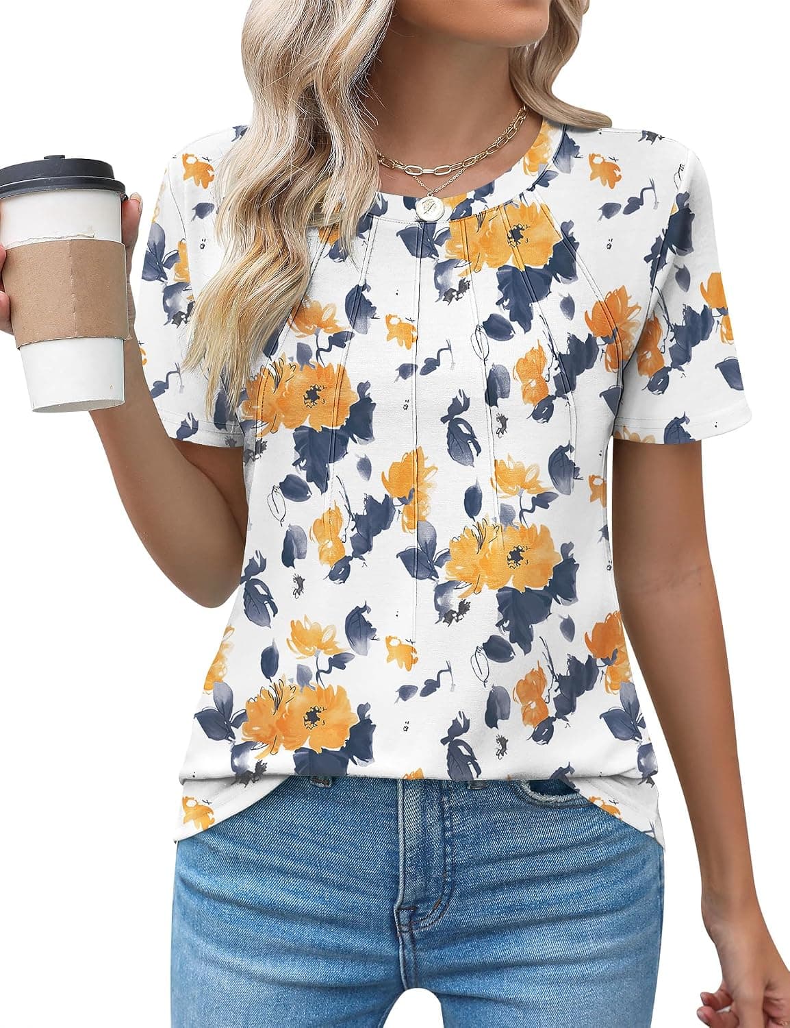 Camisas informales de cuello redondo para mujer Kistore Blusas de manga corta con plisado en la parte superior