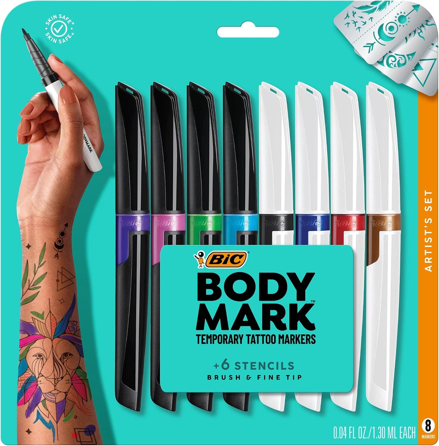 BIC BodyMark Temporary Tattoo Markers for Skin, 8-Count Pack, Mixed Tip | Artists Set, Skin-Safe*, Cosmetic Quality, Water Resistant, Easy Removal, Assorted Colors, Mixed Tip Set