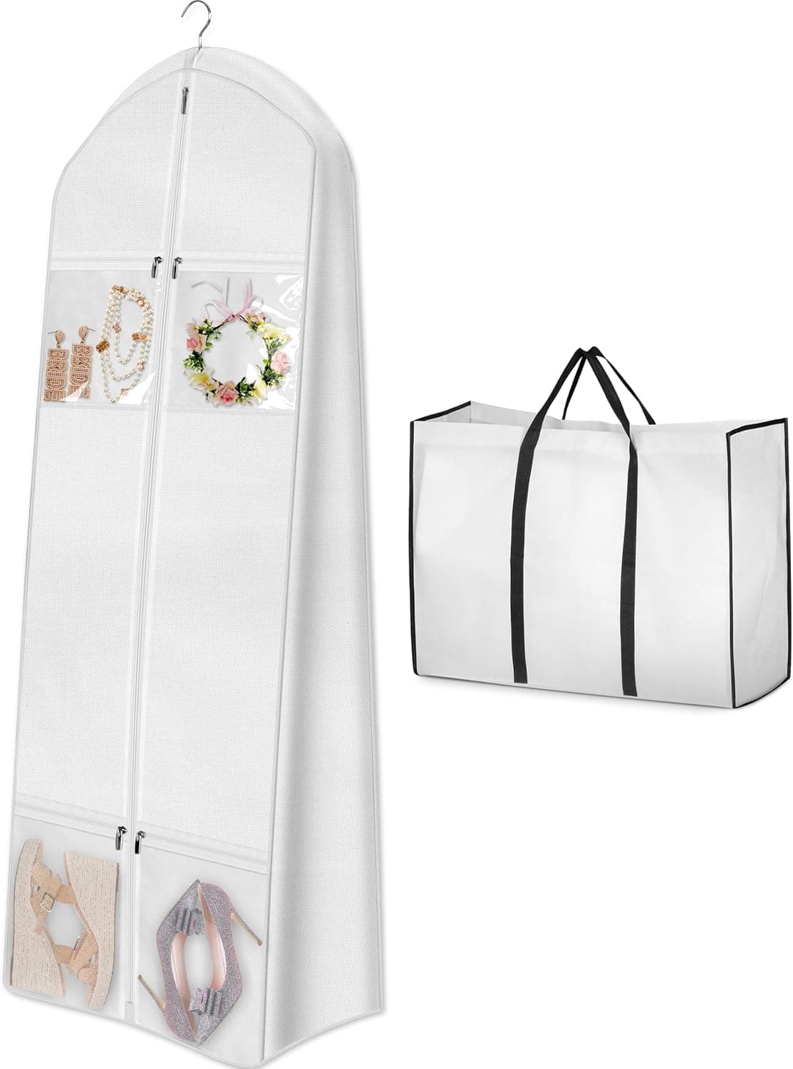 MISSLO Bolsa portátil para vestido de novia de 70 pulgadas con bolsa de mano para novia, bolsas de vestir con fuelle de 8 pulgadas para vestidos largos, 4 bolsillos, funda para vestido para mujer, color blanco