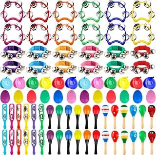 Juego de 84 instrumentos musicales de coctelera que incluye 12 campanas de pandereta de mano de plástico, 12 platillos coloridos, 12 coctelera de huevos, 24 maracas, 12 campanas de muñeca con 12 castañuelas para juguetes de aprendizaje musical preescolar temprano