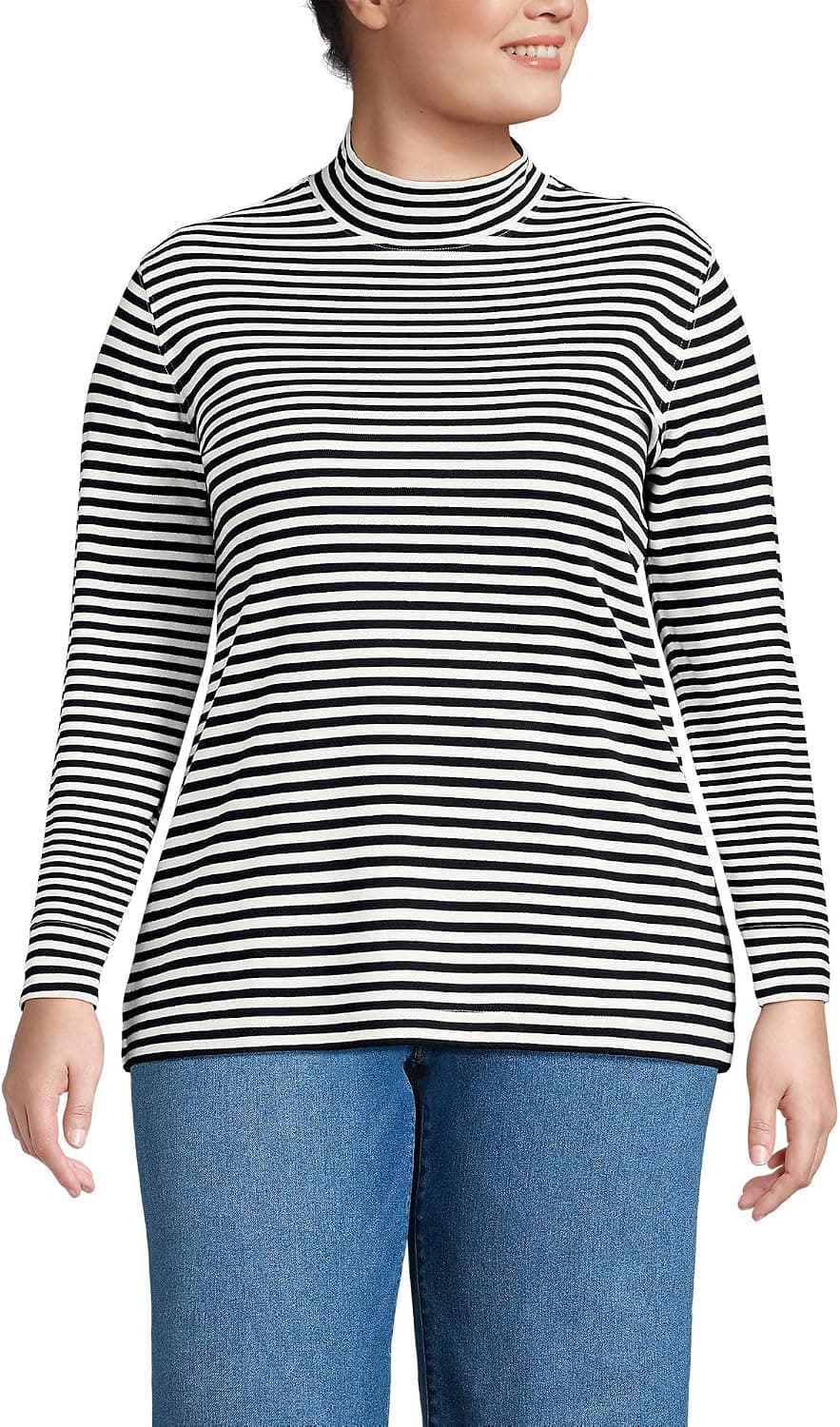 Lands' End Women's Cotton Mock Turtleneck | Soft Cotton Knit, Rib Trim With Spandex, Mid-Hip Length, Relaxed Fit, Layering, Petite and Plus Sizes