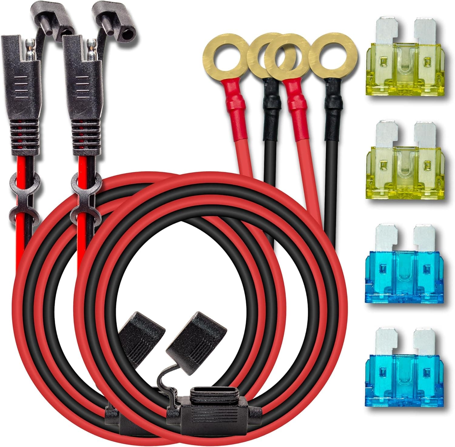 BFXM 2 cables de extensión de conector SAE de 10 AWG y 6 pies con fusible de 15 y 20 A | Arnés de desconexión rápida del terminal SAE de 2 pines a junta tórica para automóvil, motocicleta, panel solar