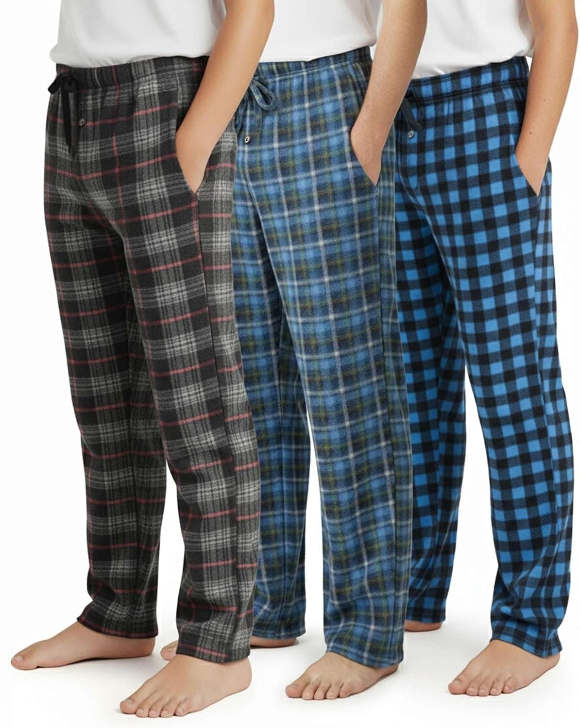 Real Essentials 3 Pack: Boys' Fleece Pajama Pants Soft PJ Bottoms for Kids Youth Teens Sleepwear (Ages 5-18)
