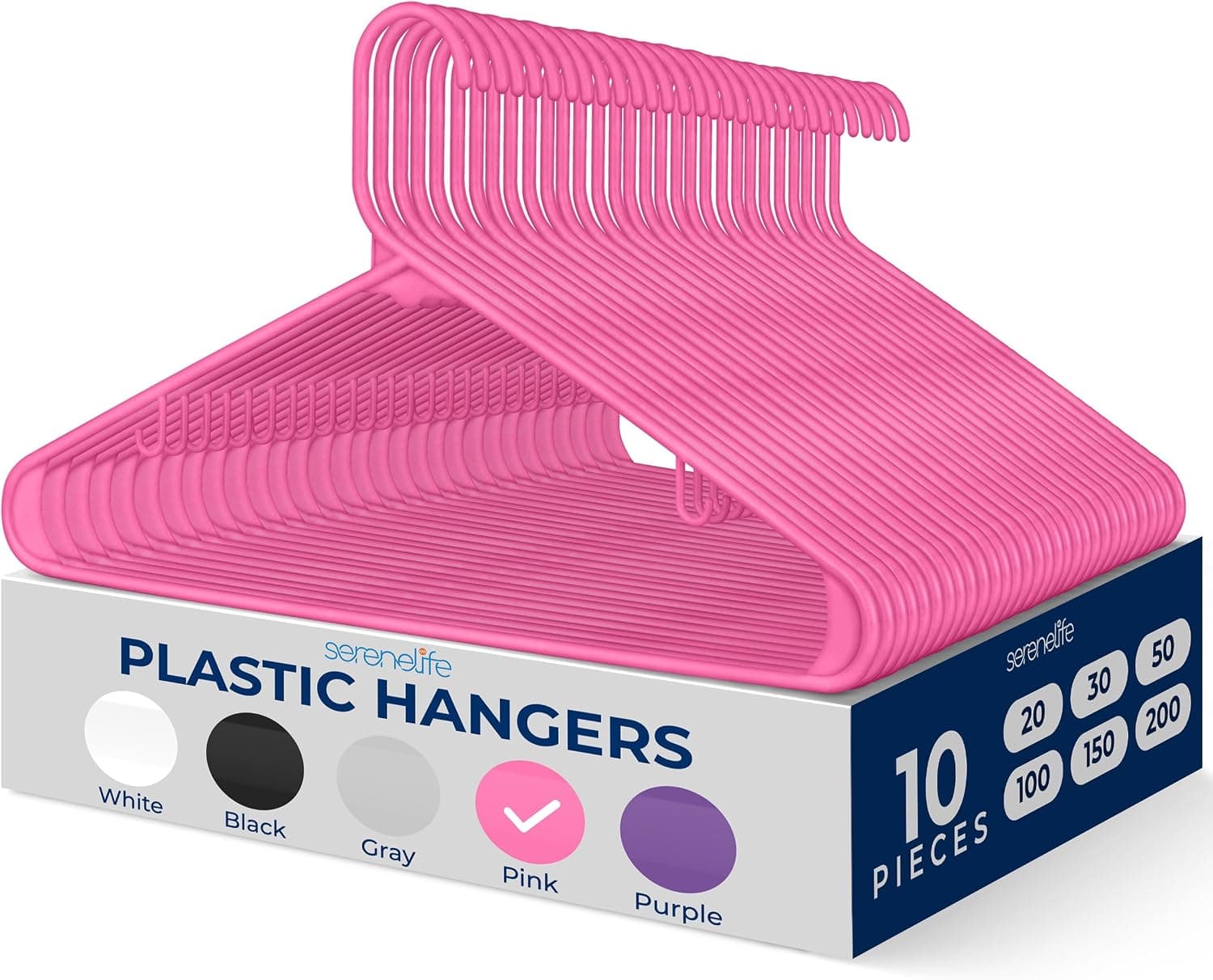 Perchas de plástico de 10 piezas SereneLife - Juego de perchas para ropa de traje delgado que ahorra espacio, puede contener hasta 10 libras para abrigos, chaquetas, pantalones y vestidos (rosa)