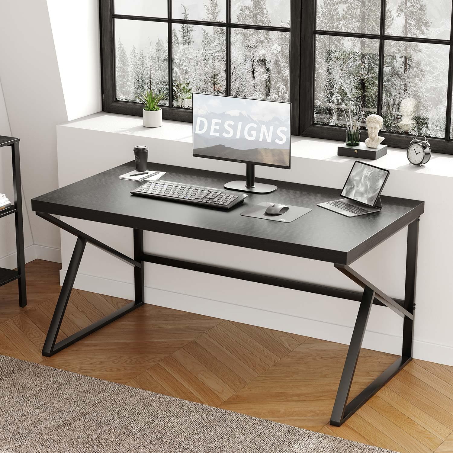 Escritorio negro HSH, escritorio industrial moderno para computadora de oficina en casa de 55 pulgadas | Escritorio para computadora portátil para estudiantes, trabajo, escritura, estudio, juegos, mesa de computadora de madera de metal simple en el dormitorio, sala de estar, estación de trabajo