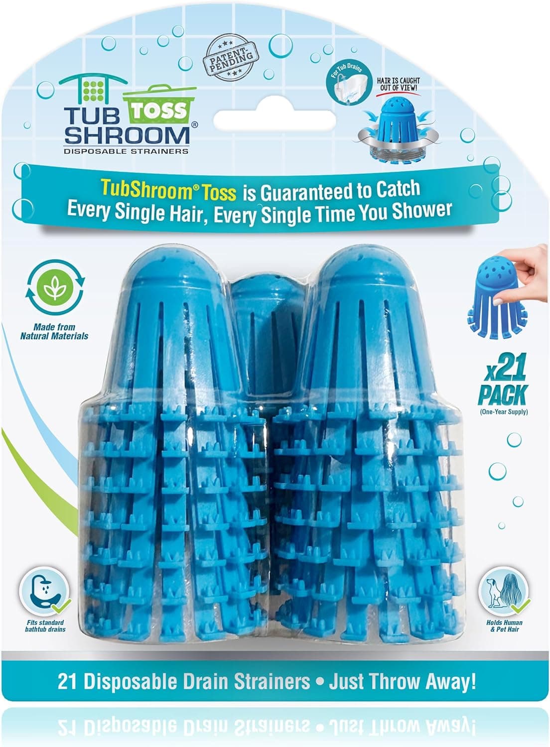 TubShroom Toss 21 unidades de coladores de drenaje desechables para bañera – Trampa para atrapar el pelo para bañera de ducha para evitar desagües obstruidos, atrapa el cabello humano y de mascotas, suministro de un año (azul)