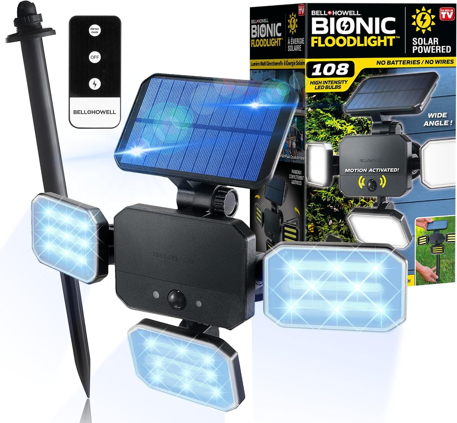 Bell+Howell Bionic Flood Light ASON TV, luces solares para exteriores, impermeables, 50 % más brillantes, 108 LED COB con sensor de movimiento, giro de 180°, paneles ajustables para jardín, césped y patio como se ve en la televisión