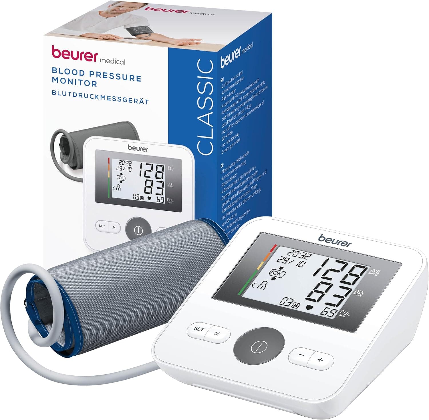 Beurer BM27 Tensiómetro de brazo para uso doméstico con manguito ajustable, 120 juegos de memoria, detección de frecuencia cardíaca irregular, indicador de riesgo, transferencia de datos a Apple Health y compañía.
