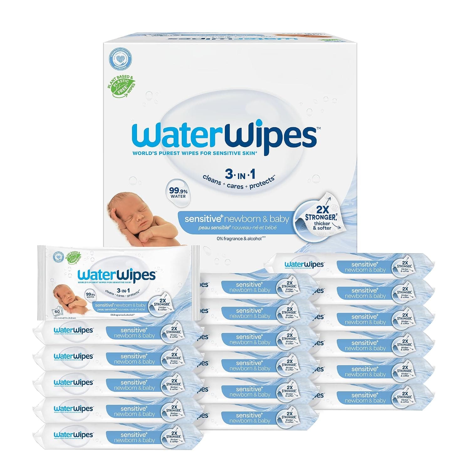 WaterWipes Sensitive+ Toallitas para recién nacidos y bebés, 3 en 1 limpia, cuida, protege, 99,9% agua, sin perfume e hipoalergénicas, 1080 unidades (18 paquetes)