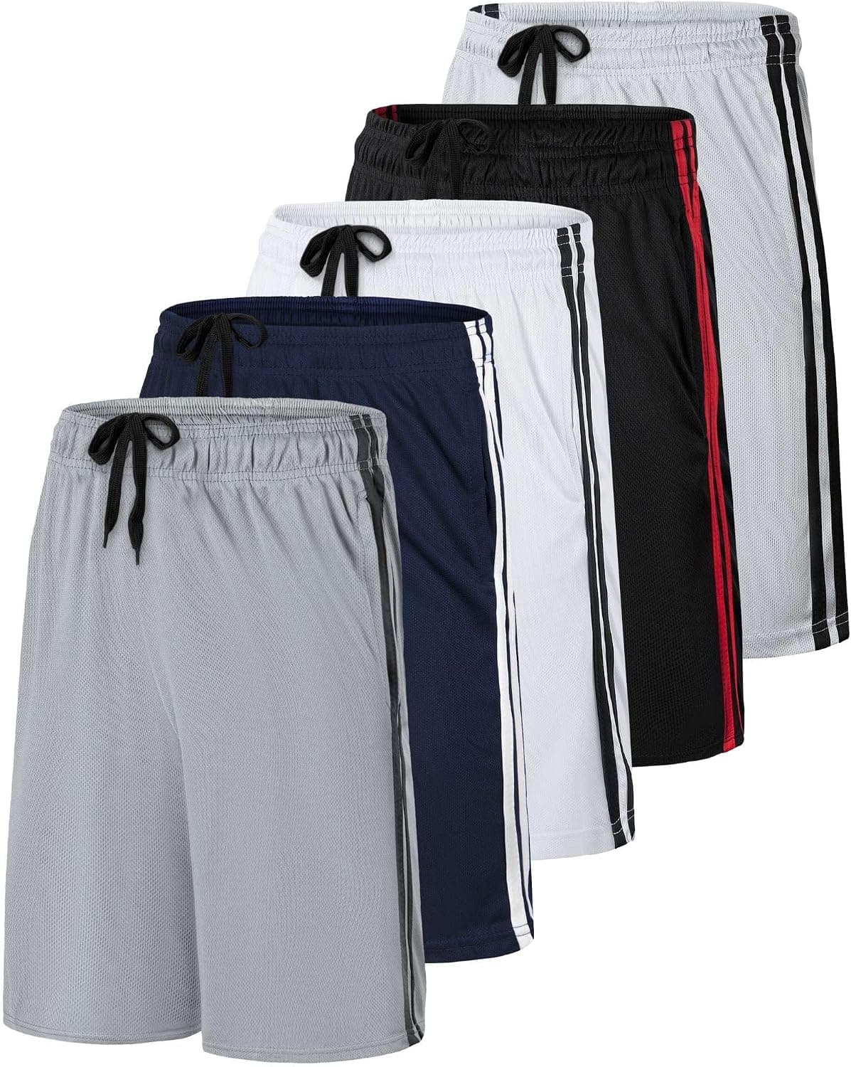 Paquete de 5 pantalones cortos de malla para hombre, 9 pulgadas de largo, atlético, correr, entrenamiento, gimnasio, baloncesto | Cintura elástica con cordón, casual, salón, pantalones cortos al aire libre con bolsillos, absorbe la humedad, enfriamiento, secado rápido, ropa deportiva