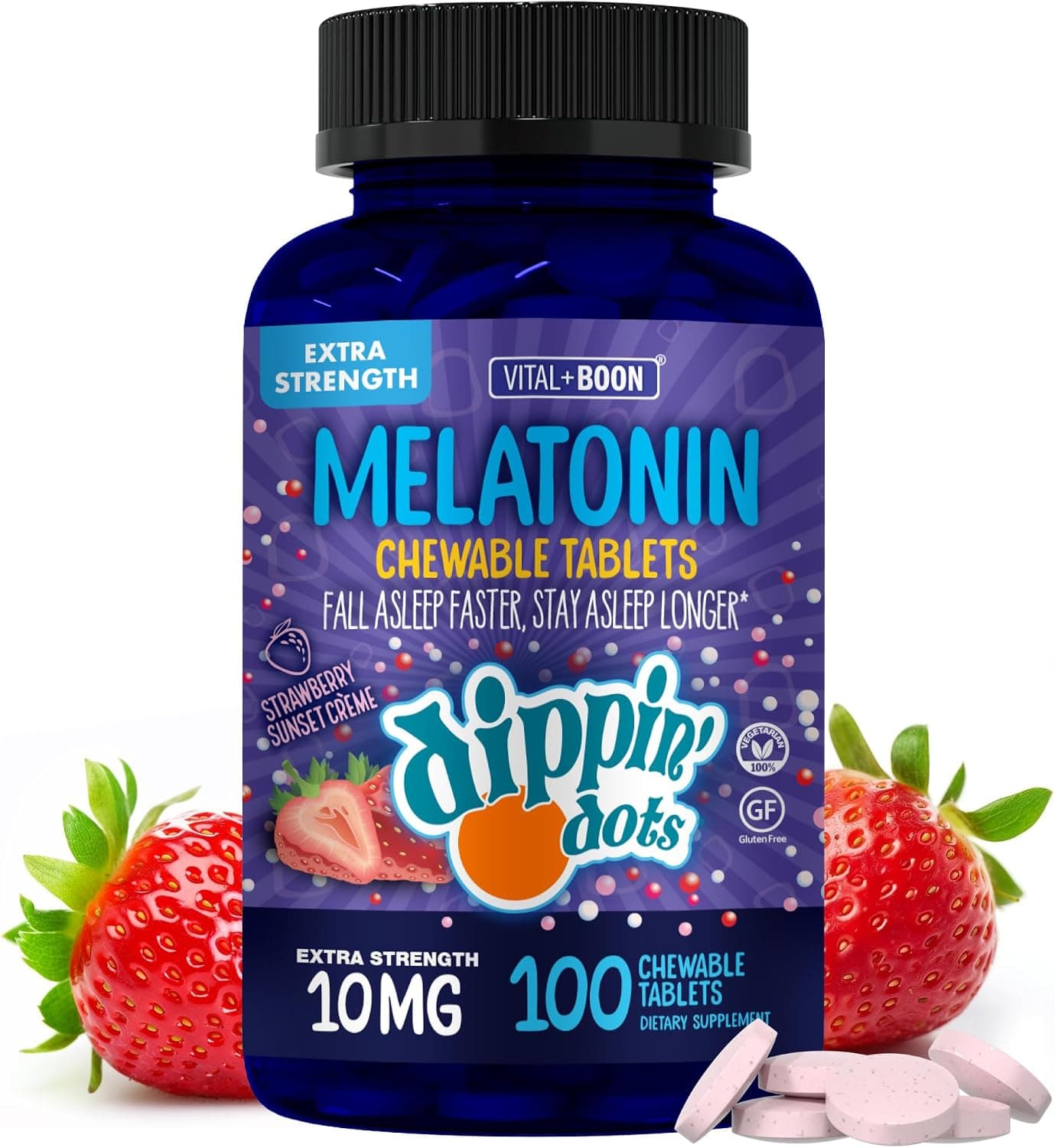 Dippin' Dots Tabletas masticables de melatonina 10 mg, ayuda natural para dormir (100 unidades) | Pastillas masticables de melatonina sin azúcar Strawberry Sunset Creme, medicamento para dormir para el descanso nocturno; kosher, sin gluten.