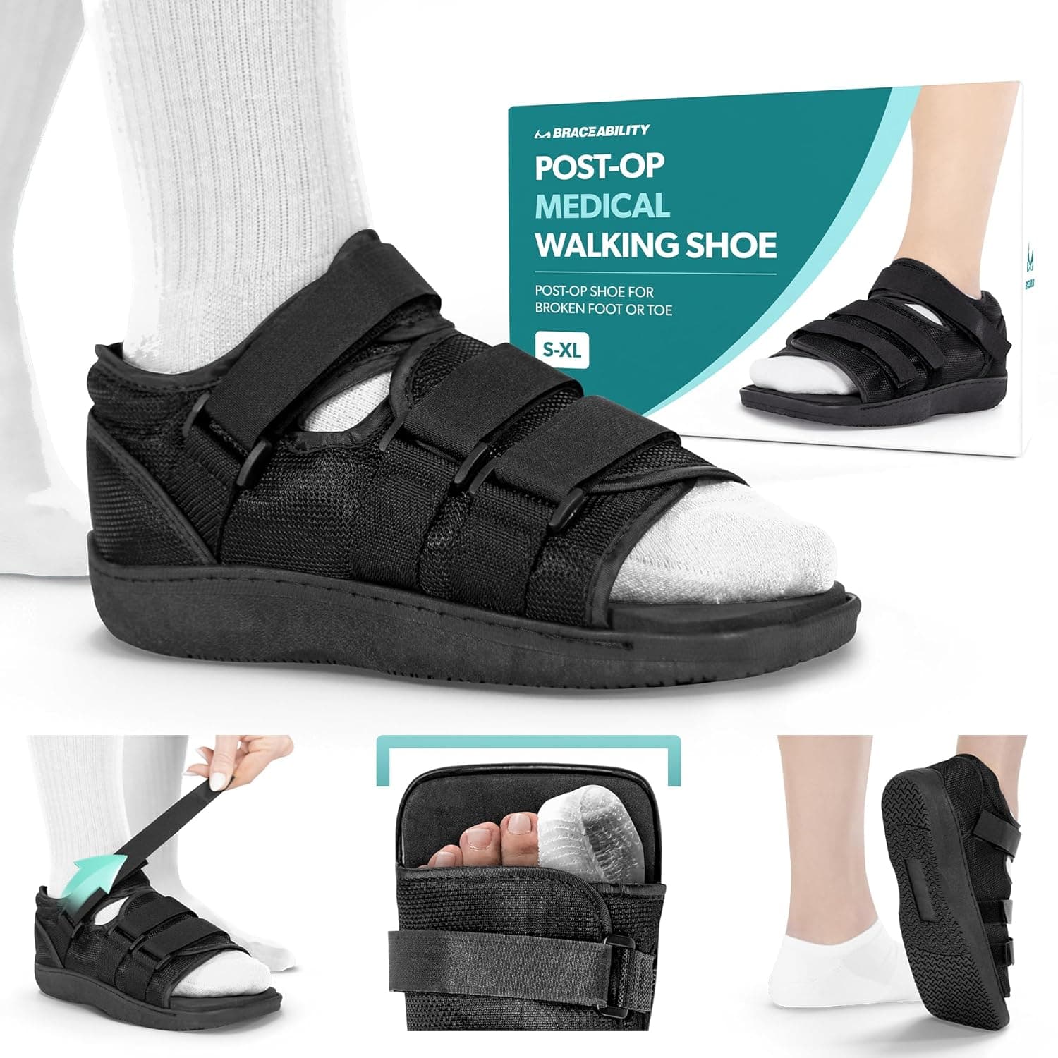BraceAbility Post Op Shoe - Bota médica ortopédica ajustable para pie roto, dedo roto, fractura por estrés y lesiones, zapato universal para hombres y mujeres después de la cirugía del pie (S - femenino)