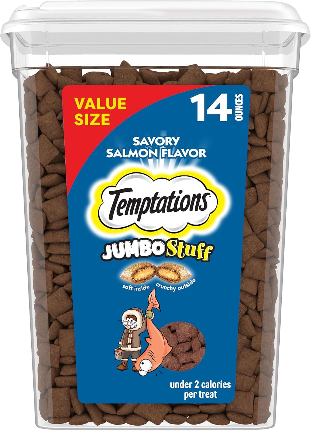 Temptations Jumbo Stuff Golosinas crujientes y suaves para gatos, salmón, 14 oz | Más grande que Classic Temptations, crujiente por fuera, suave por dentro, menos de 2 calorías por golosina, recipiente resellable que se mantiene fresco