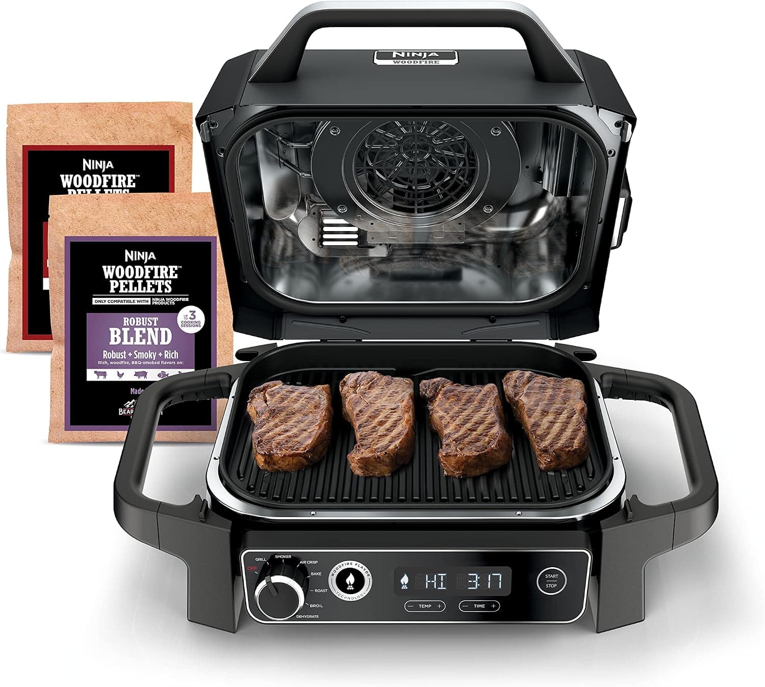 Parrilla y ahumador para exteriores Ninja Woodfire, 7 en 1, freidora de aire, asar, gris OG701 | La parrilla y ahumador Ninja Woodfire 7 en 1 utiliza pellets de madera y energía eléctrica para asar filetes, ahumar pechuga o freír alitas