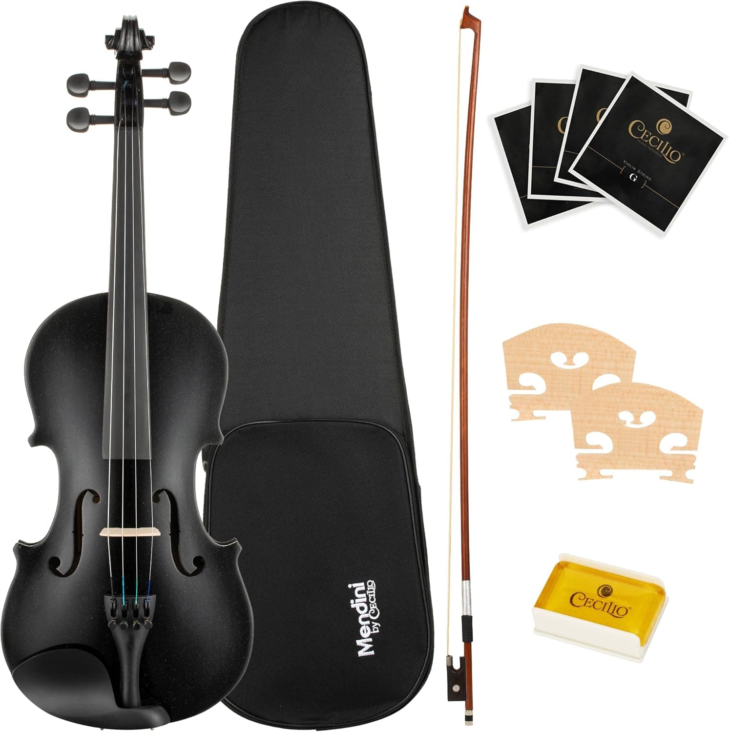 Mendini by Cecilio Juego de viola acústica de madera maciza de 16 pulgadas, negro | Kit de viola tallada a mano para principiantes, con estuche rígido, arco, colofonia, puente de viola y cuerdas extra de viola