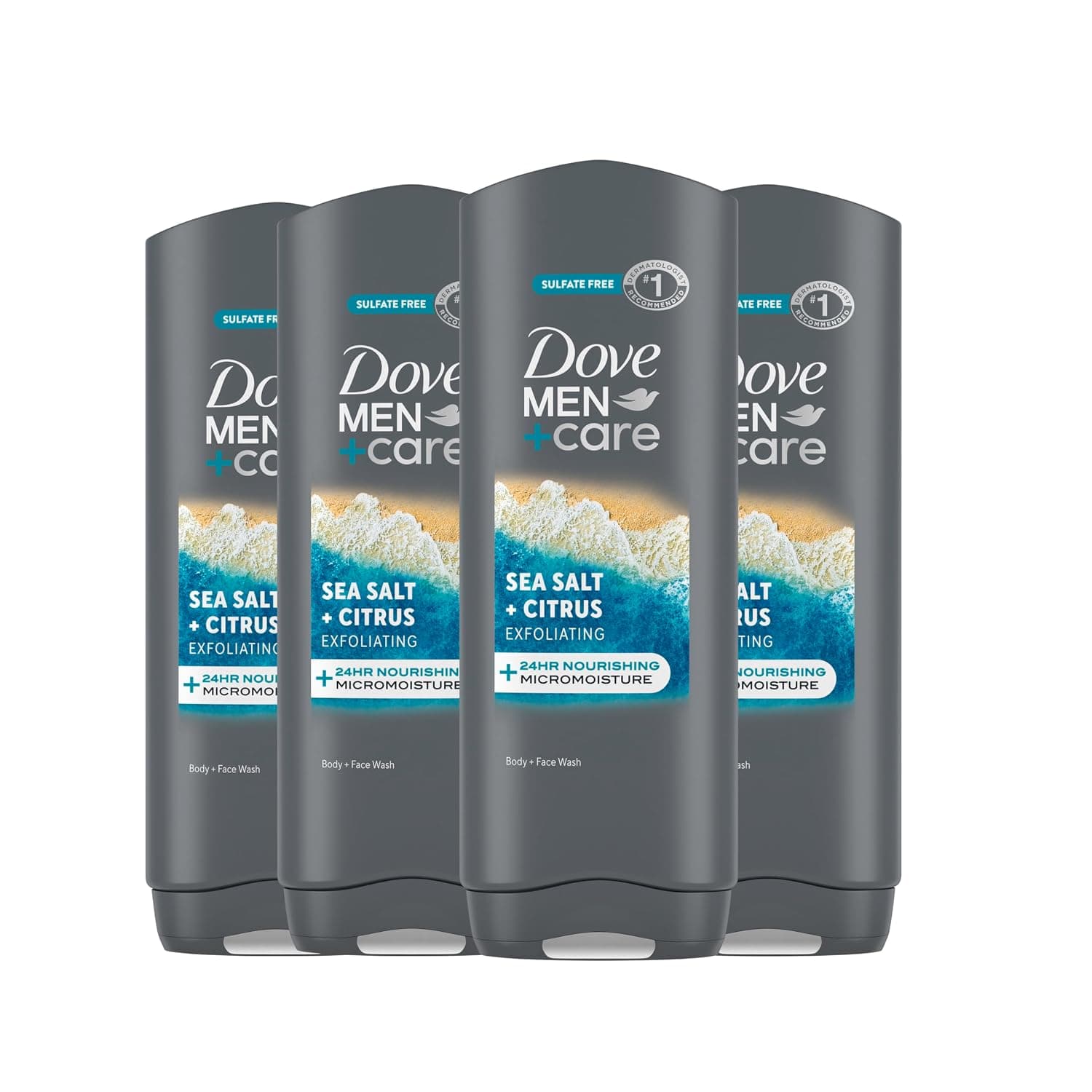 DOVE MEN + CARE Jabón corporal y facial exfoliante con sal marina + cítricos, 4 unidades para hombres, con tecnología de microhumedad nutritiva las 24 horas, 18 fl oz