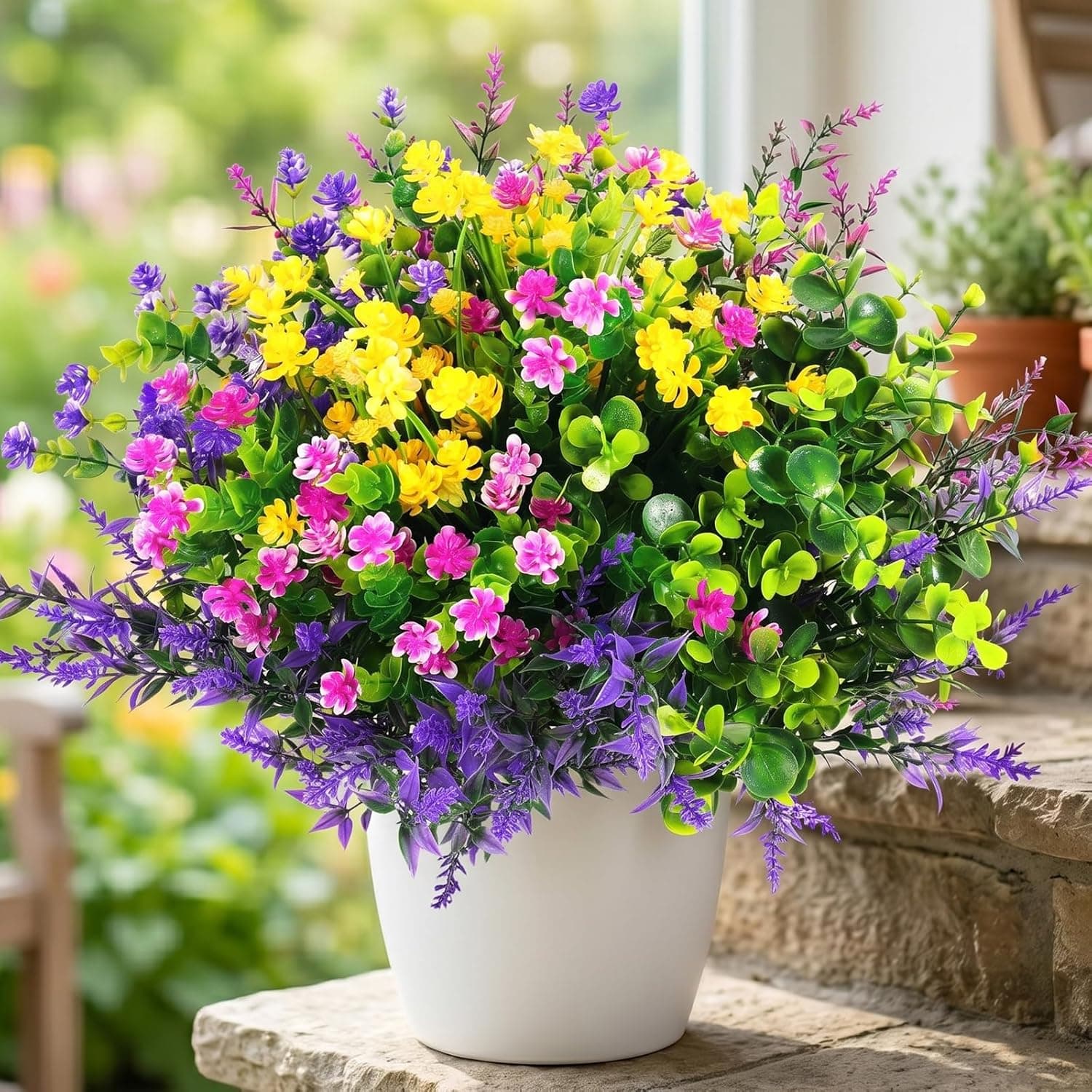 Hananona 12 piezas de flores artificiales al aire libre, plantas artificiales de imitación de plástico resistente a los rayos UV, flores a granel para colgar macetas, porche, ventana, hogar, boda, otoño, verano, decoración (12, fucsia, morado, amarillo, verde)