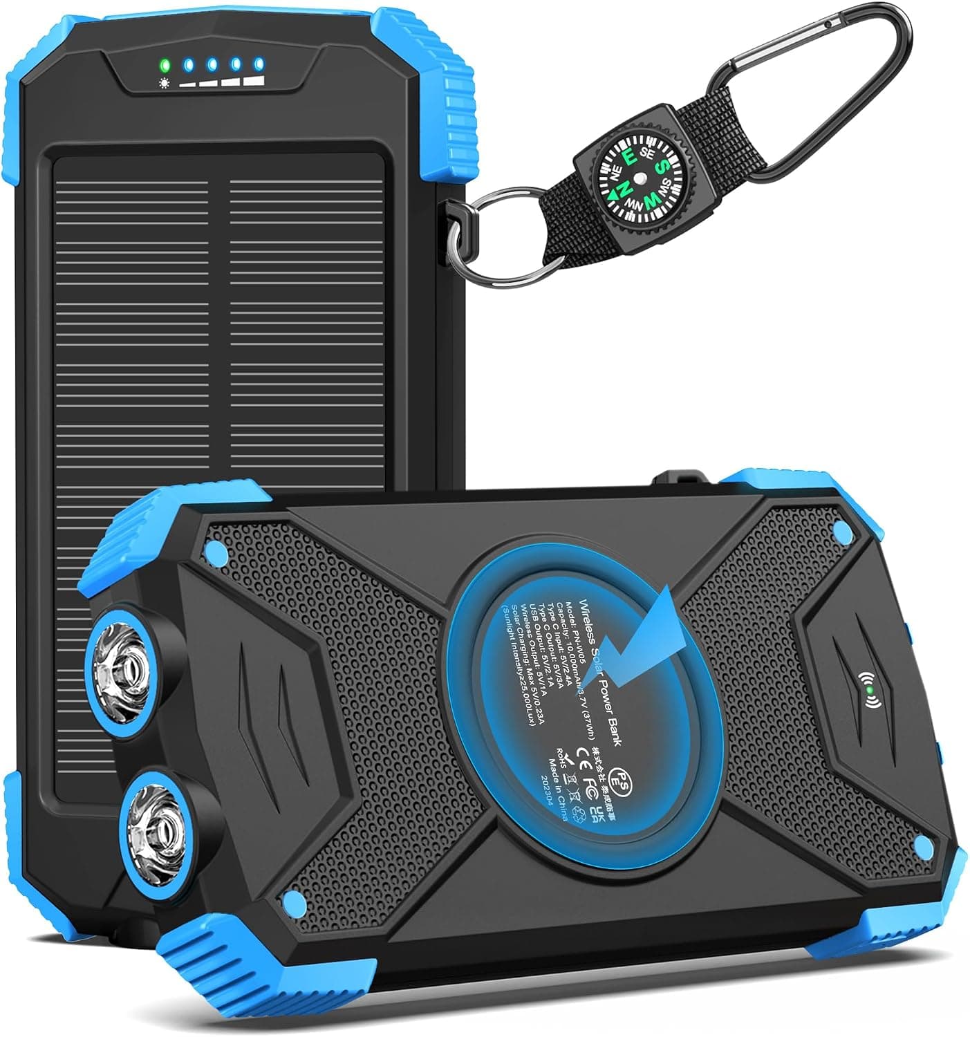 BLAVOR Banco de energía solar 10,000mAh, cargador inalámbrico portátil, batería externa de carga rápida de 20W con USB C para teléfonos celulares, carga de panel solar con linterna dual para acampar