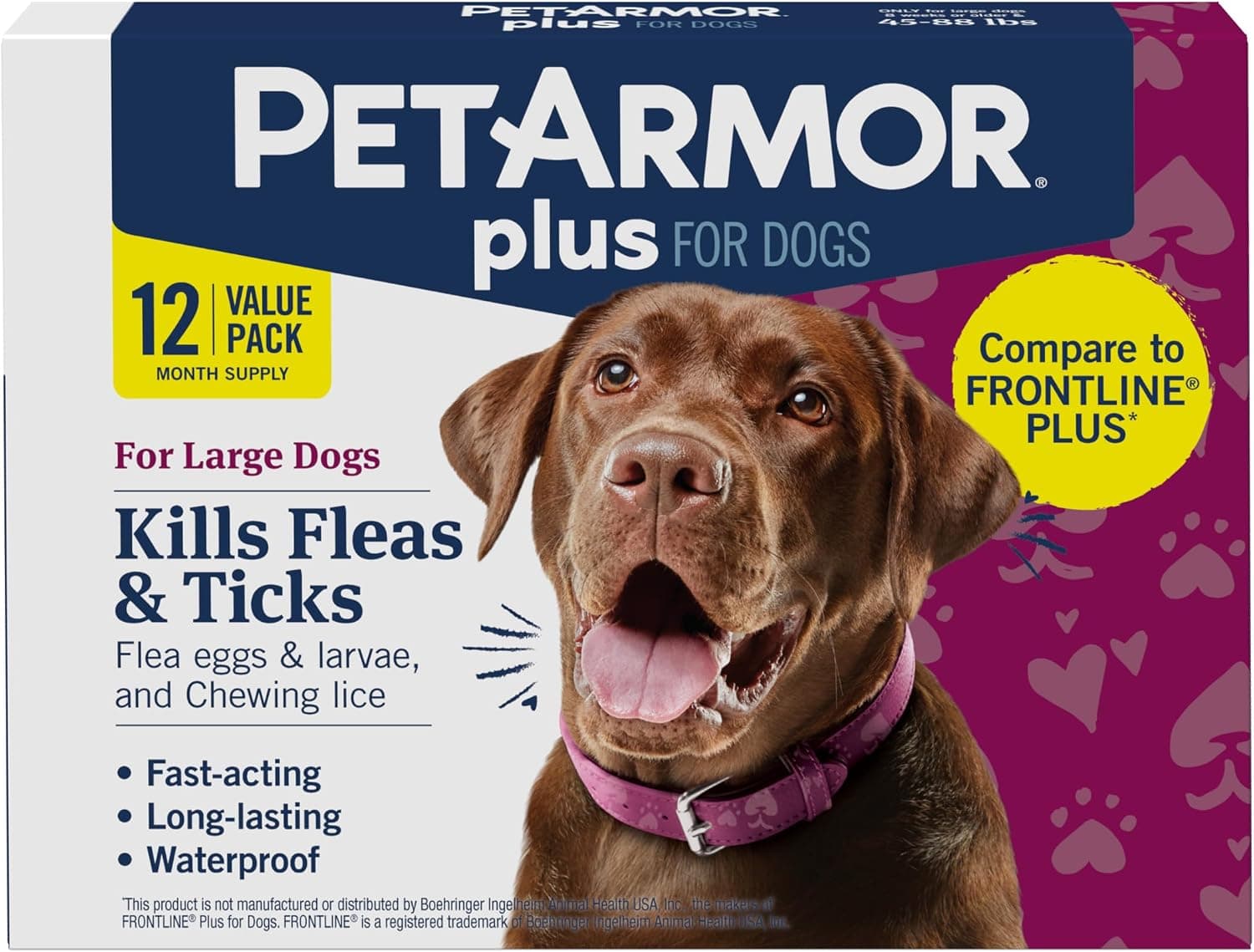 PetArmor Plus tópico contra pulgas y garrapatas para perros de 45 a 88 libras, 12 meses | Ideal para perros grandes de 45 a 88 libras; Mata pulgas, huevos, larvas, garrapatas y piojos; Suministro de 12 meses; Impermeable desde la nariz hasta la cola