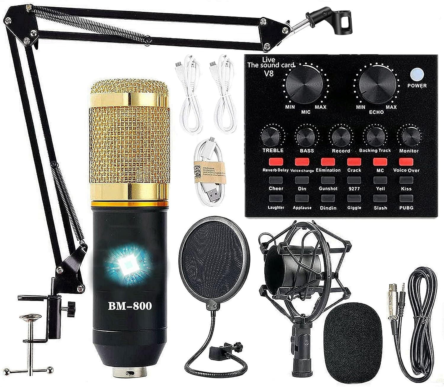 Paquete de equipo de podcast, paquete de estudio de grabación BM-800 con cambiador de voz, tarjeta de sonido en vivo - Interfaz de audio para computadora portátil Vlog Living Broadcast Transmisión en vivo YouTube TikTok (AM100-V8)