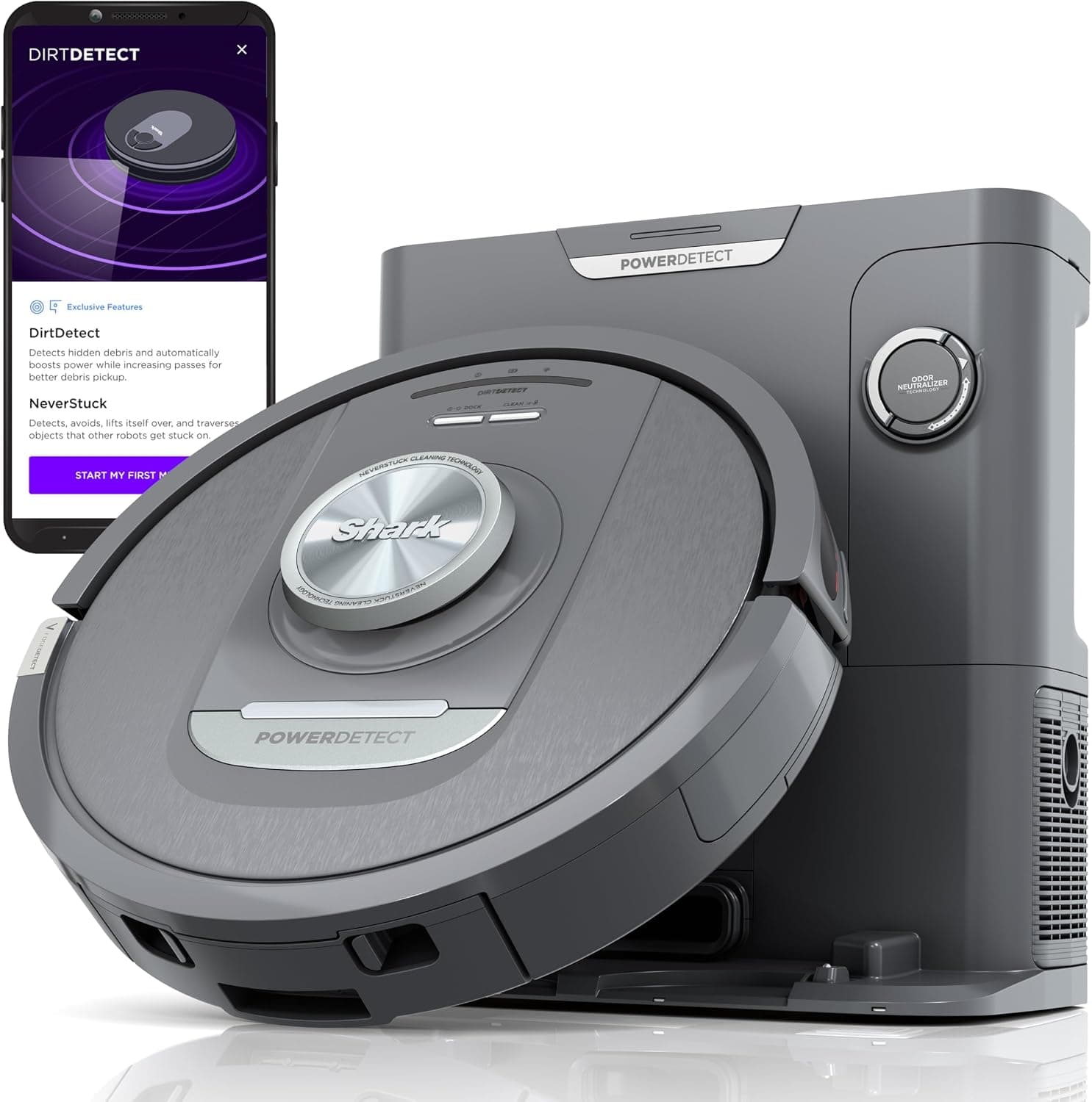 Aspiradora robot autovaciable Shark PowerDetect, negra, AV2820AE | NeverStuck, DirtDetect/EdgeDetect/FloorDetect, base autovaciable HEPA XL de 60 días, neutralizador de olores, LiDAR de 360° + sensor 3D