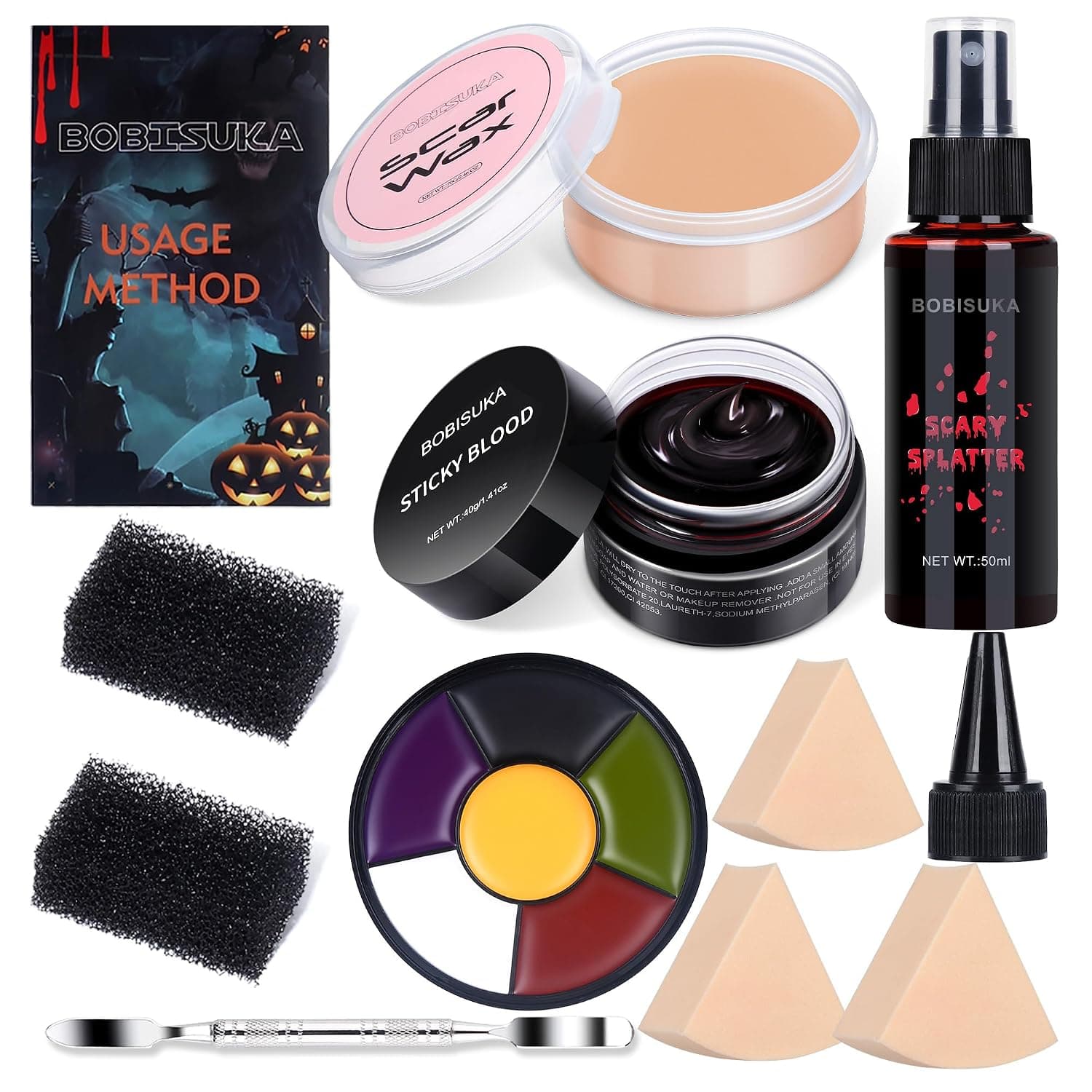 BOBISUKA Demonic Special Effects SFX Kit de maquillaje de Halloween - 5 colores Maquillaje de moretones Cara Cuerpo Pintura Paleta + Cera para cicatrices con herramienta de espátula + Spray de salpicaduras de sangre falsa + Crema de sangre falsa + Esponja punteada