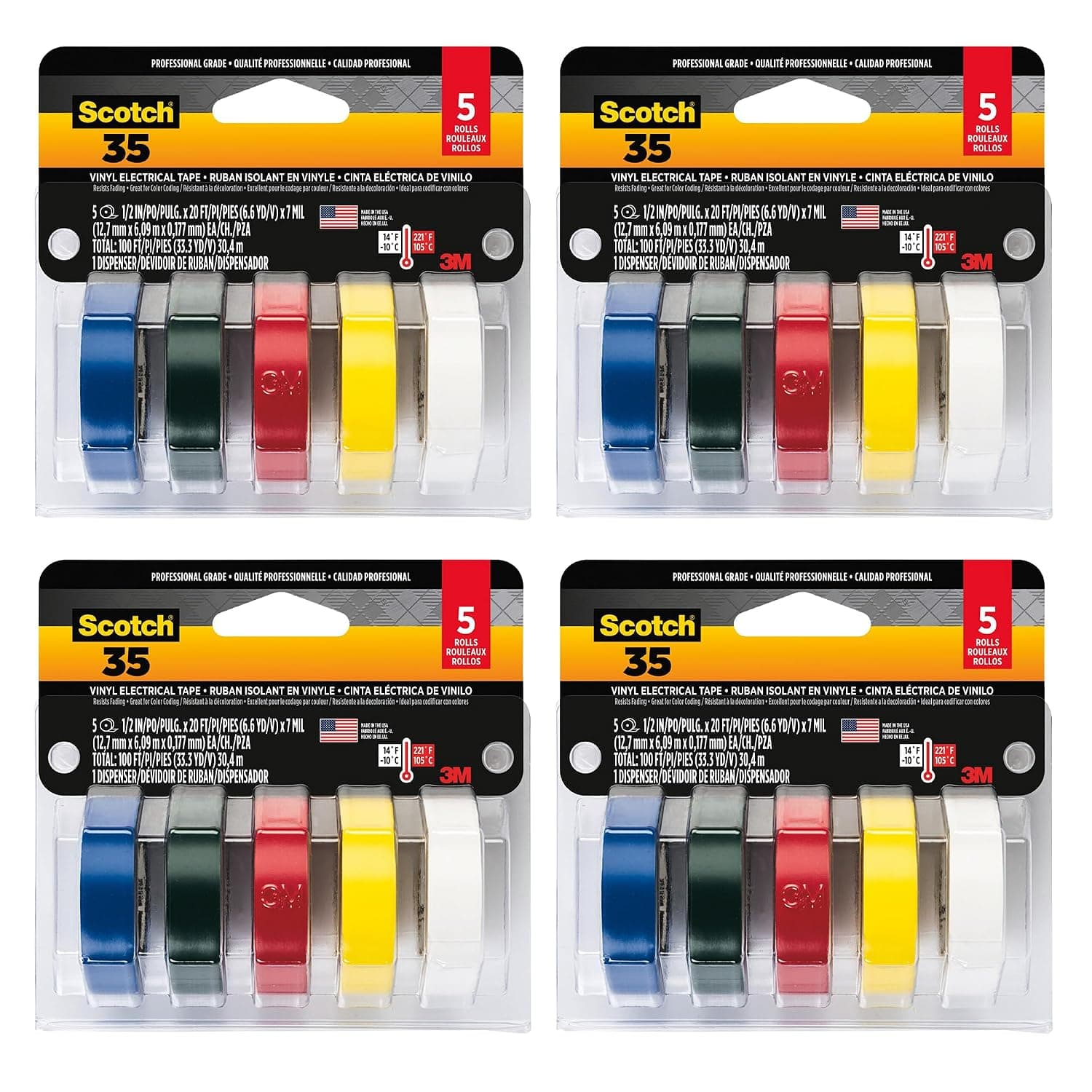 Cinta eléctrica Scotch Vinyl 35, 5 rollos, paquete multicolor, ideal para reparación de chaquetas de cables y aislamiento eléctrico, material de vinilo premium, uso interior y exterior, alta adherencia (10457DC), paquete de 4