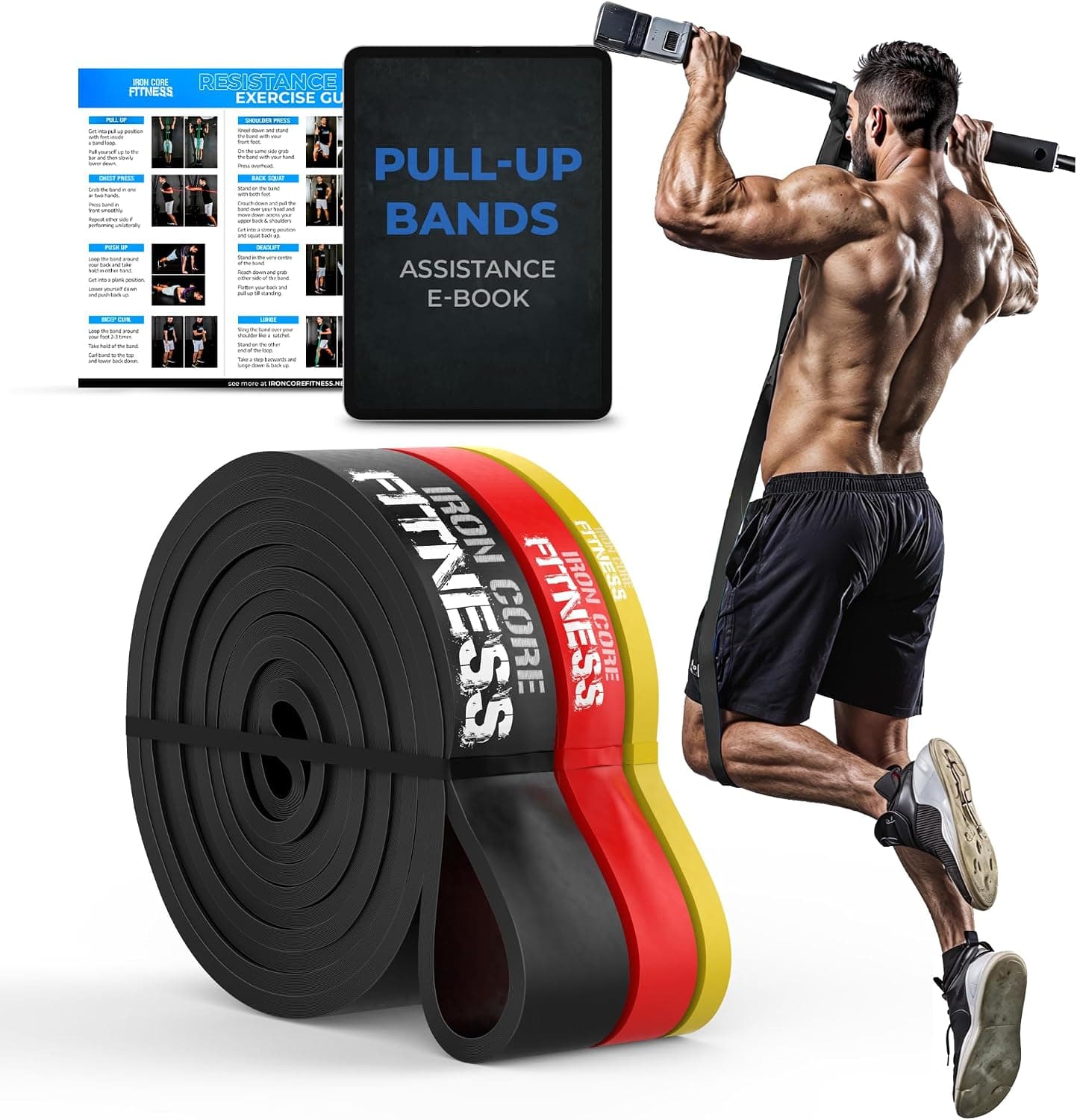 Bandas de resistencia de asistencia para dominadas - Bandas de potencia de bucle largo para hombres y mujeres - Entrenamiento de fuerza y flexibilidad en casa y gimnasio - Libros electrónicos y tabla de entrenamiento incluidos por Iron Core Fitness