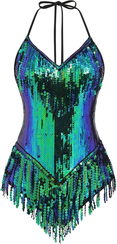Body Sexy de flecos de lentejuelas con cuello Halter y cordones en la espalda, leotardo con borlas de baile latino de Jazz, disfraz de acróbata, trajes de concierto Rave