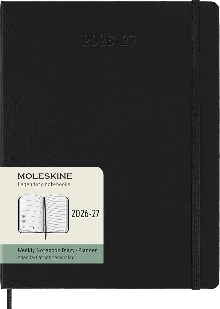 Moleskine 2026-27 Agenda semanal de 18 meses, XL, negro, tapa dura | Julio de 2026 a diciembre de 2027 Planificador semanal XL (7,5" x 9,75") de 208 páginas con pliegos semanales, páginas de notas a rayas y pegatinas.