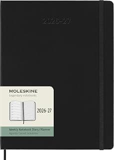 Moleskine 2026-27 Agenda semanal de 18 meses, XL, negro, tapa dura | Julio de 2026 a diciembre de 2027 Planificador semanal XL (7,5" x 9,75") de 208 páginas con pliegos semanales, páginas de notas a rayas y pegatinas.