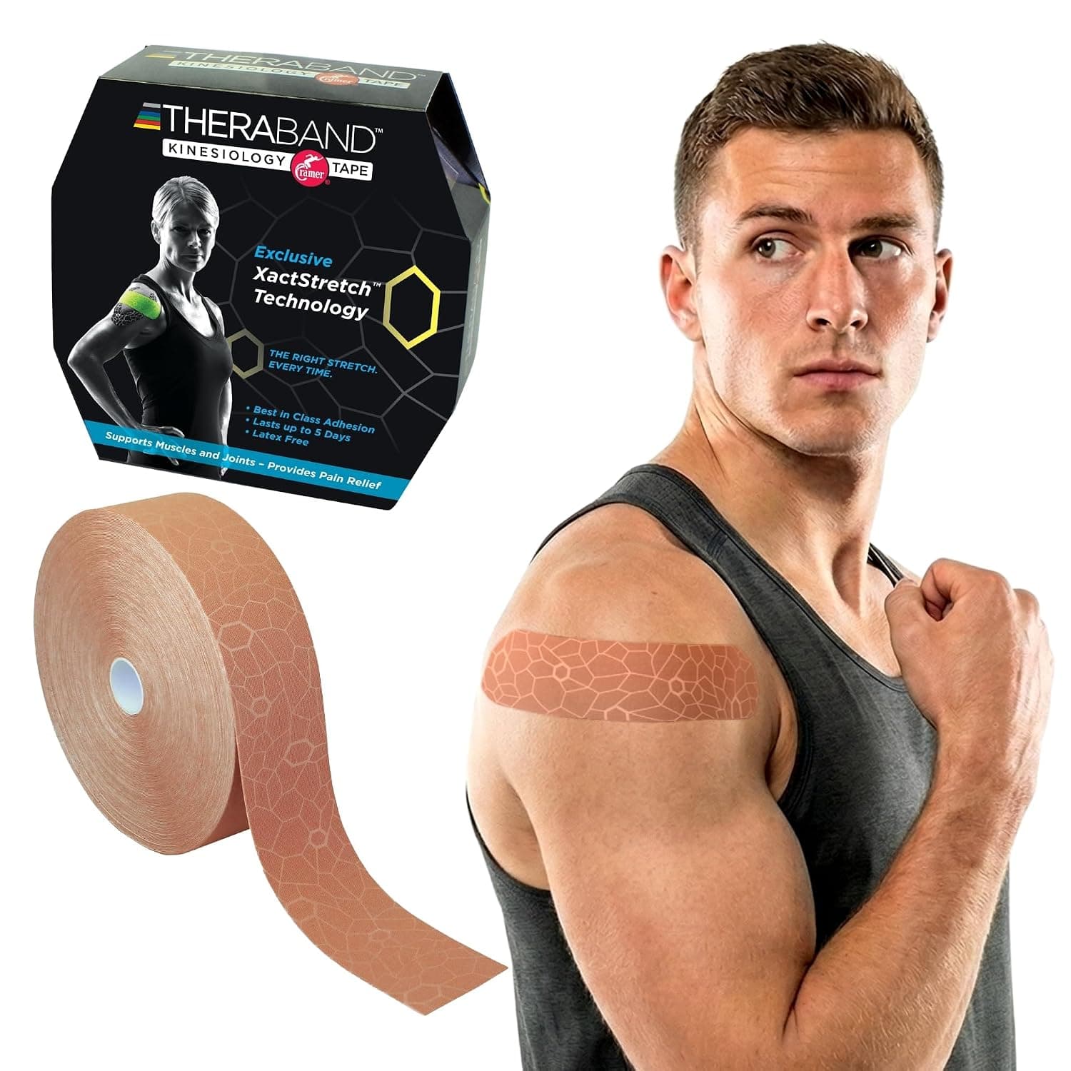 THERABAND Cinta de kinesiología, rodilla, rollo a granel de 2'' x 103,3 pies, beige/beige | Cinta de kinesiología sin látex para rodillas, hombros y vendaje deportivo, con indicadores de aplicación XactStretch