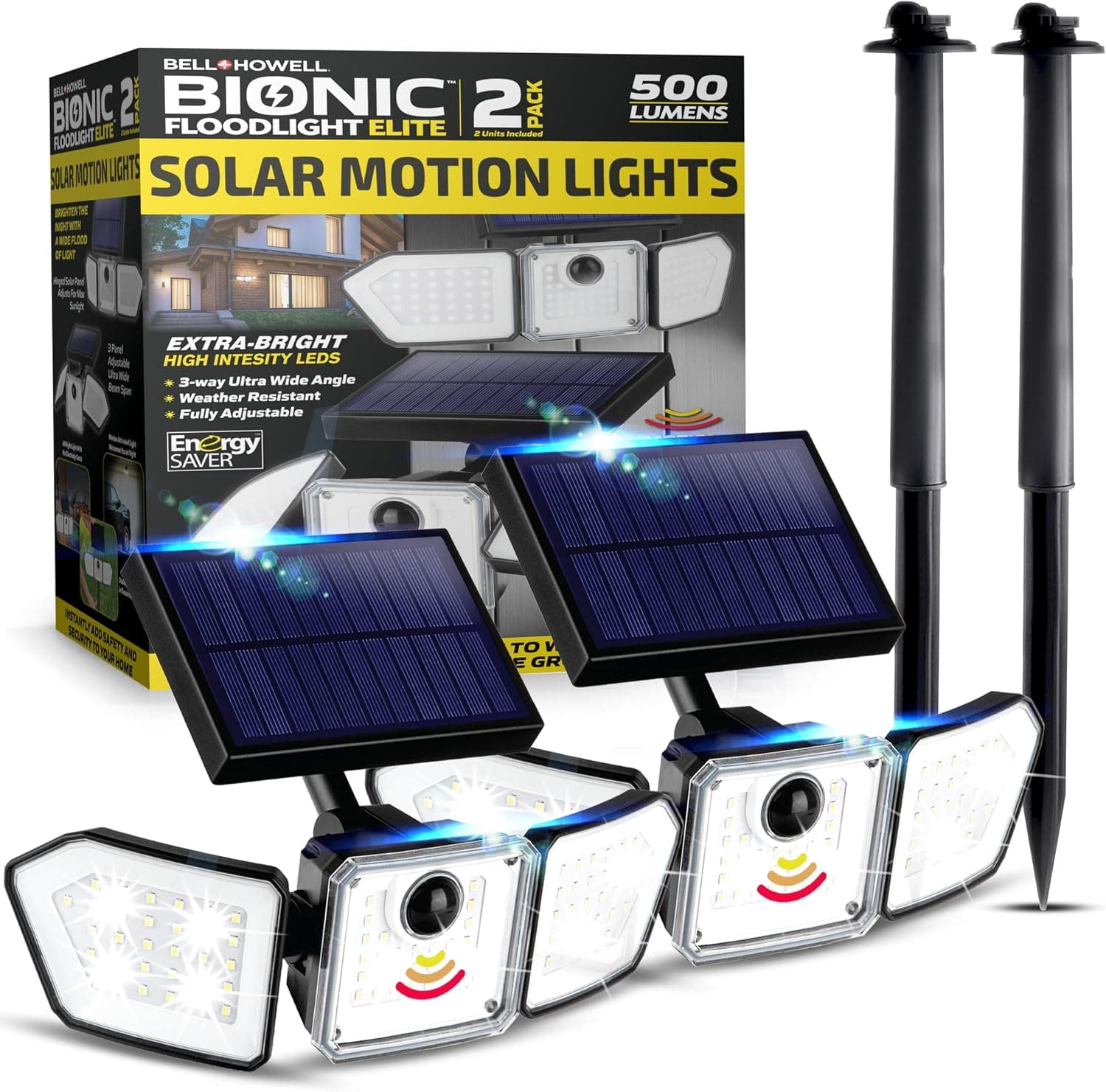 Bell+Howell Paquete de 2 luces de inundación solares biónicas con sensor de movimiento para exteriores | Luces de seguridad inalámbricas, impermeables y de 500 lúmenes para exteriores de casa, 3 cabezales ajustables, estacas y accesorios de montaje incluidos