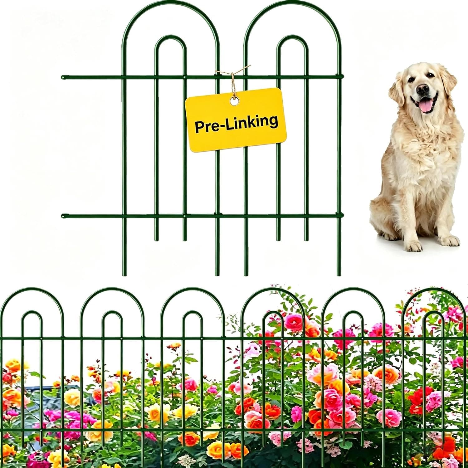 AMAGABELI 14 paneles de 32 pulgadas de alto x 20 pies de largo, valla decorativa de jardín, sin excavación, paneles de valla de metal inoxidable, borde de jardín, barrera de animales, valla para macizos de flores, patio, decoración al aire libre, color verde