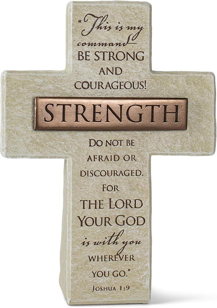 Lighthouse Christian Products Fuerza en la figura de la cruz de la barra de título de bronce de piedra fundida de 5,5 pulgadas de The Lord Sandstone